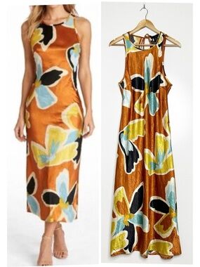 House of Harlow 1960 Copper Retro Crinkled Floral Satin Midi Dress Size Large